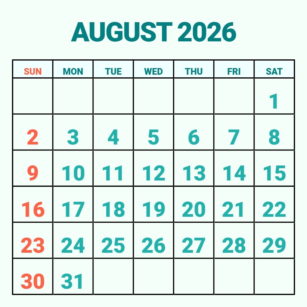 Custom Calendar For August 2026 Printable Planning PDF Download