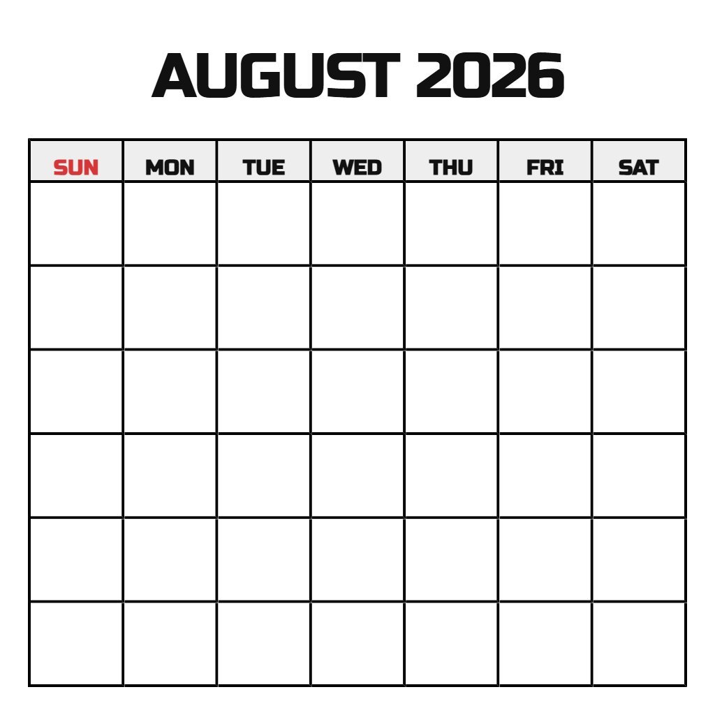 Calendar For August 2026 Printable Blank PDF Download