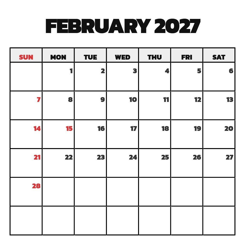 Editable Calendar For February 2027 Notes Download