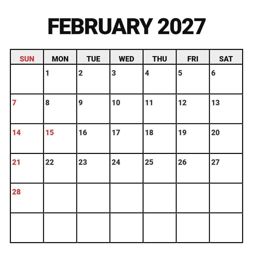 Free Calendar For February 2027 Planning PDF