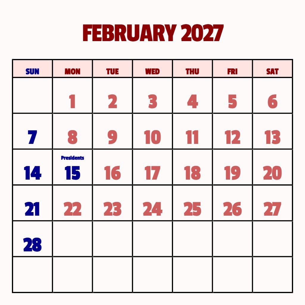 Cute Calendar For February 2027 Wallpaper PDF
