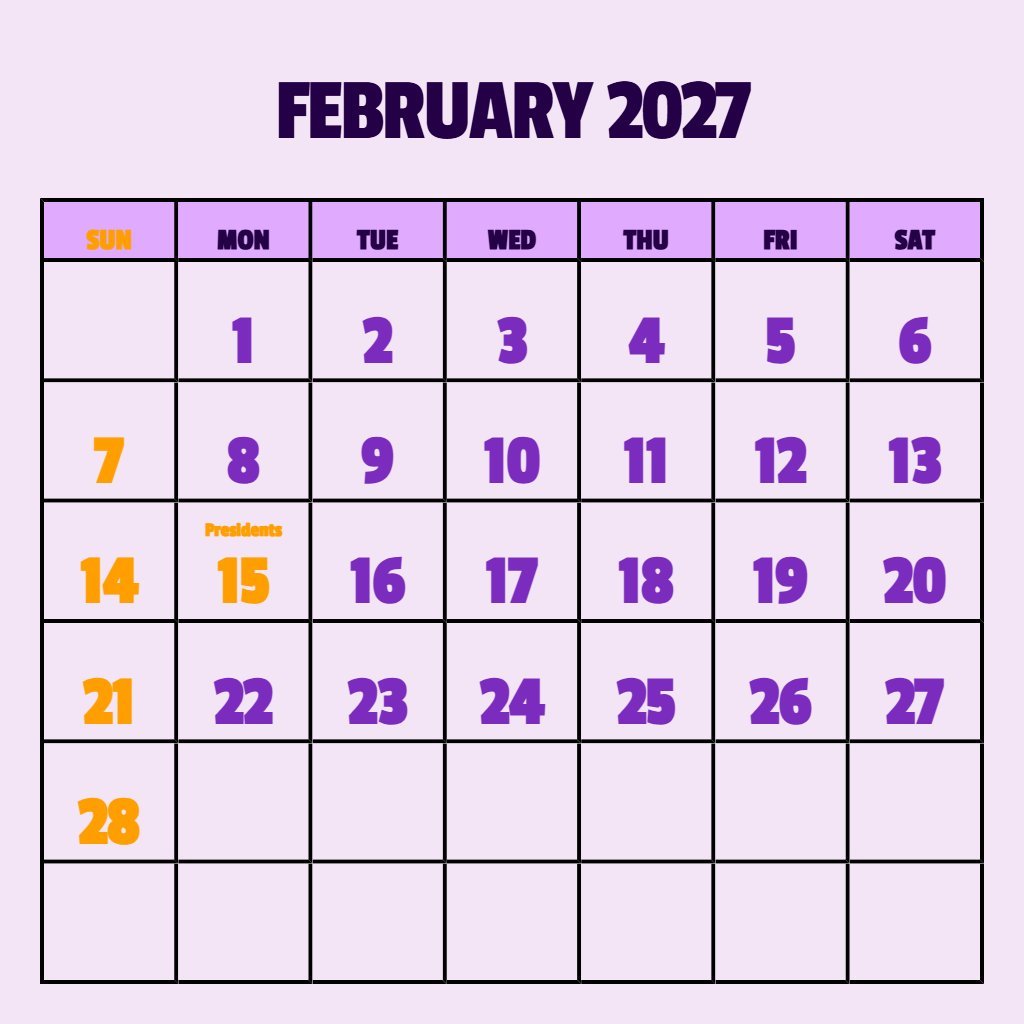 Cute Calendar For February 2027 Wallpaper Printable