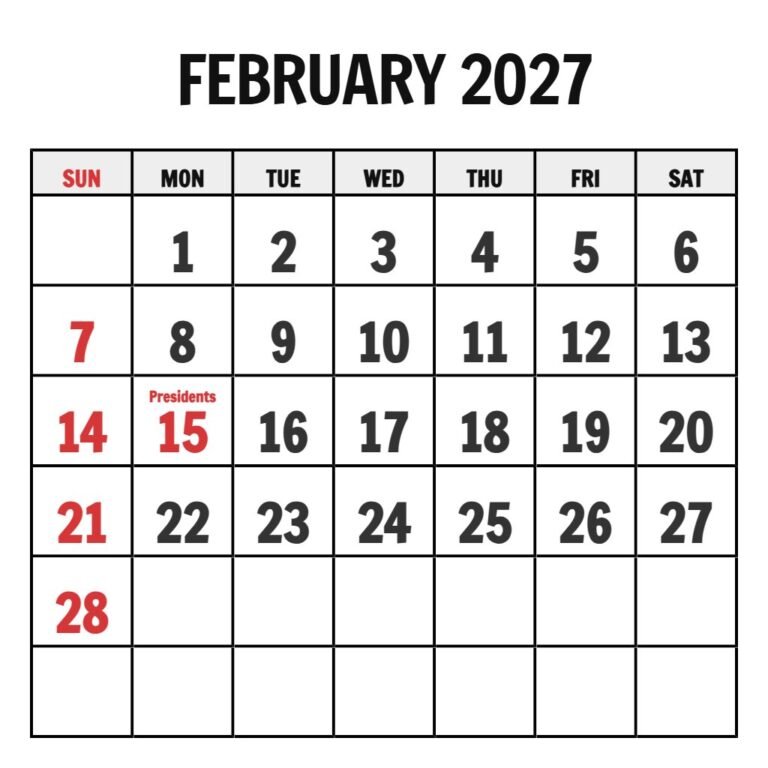 Calendar For February 2027 Download