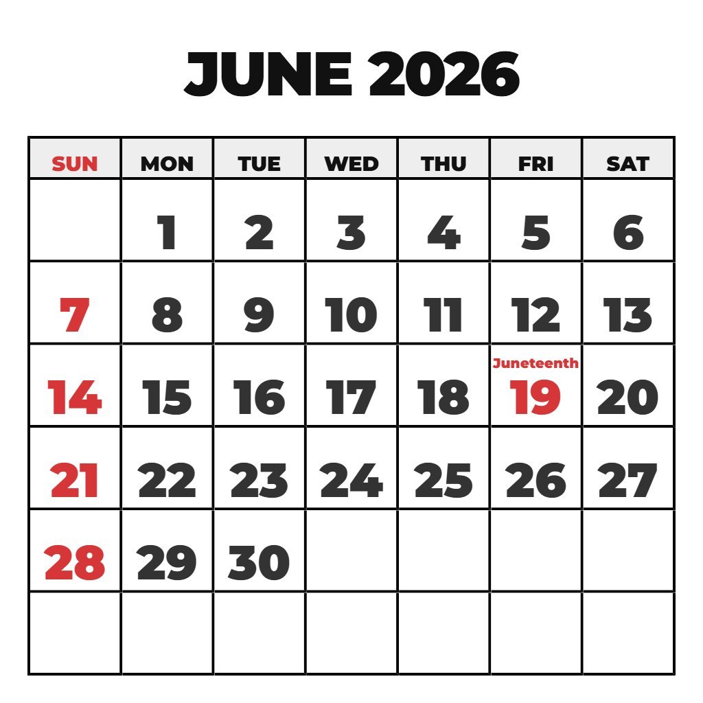 Calendar For June 2026 Printable PDF Download