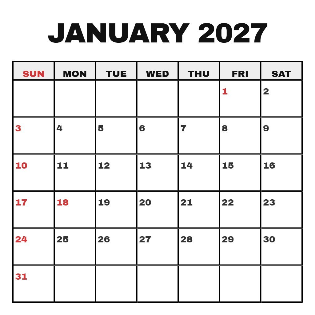 Free Calendar January 2027 Printable Free Wallpaper PDF Download