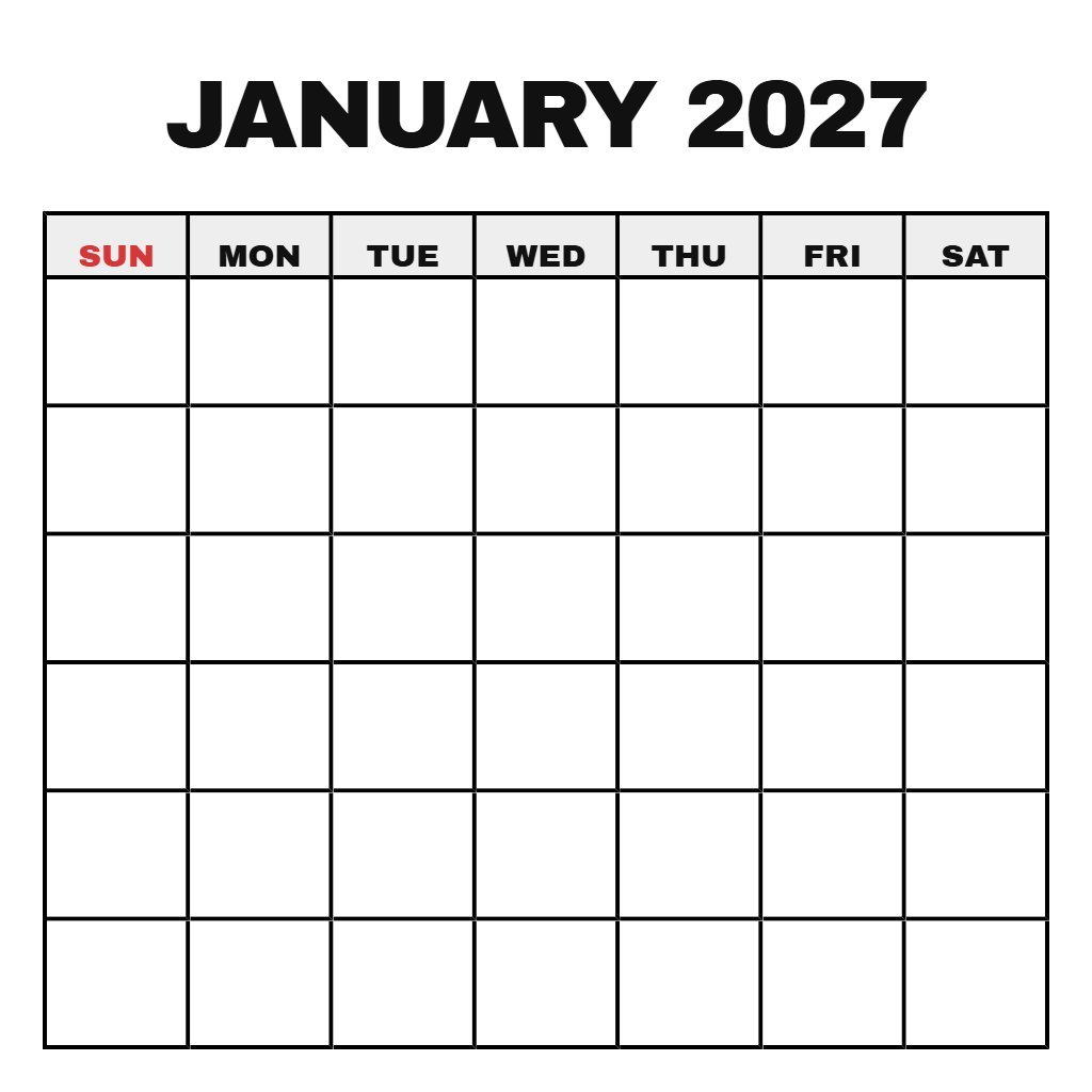 Calendar January 2027 Printable Free Blank PDF Download