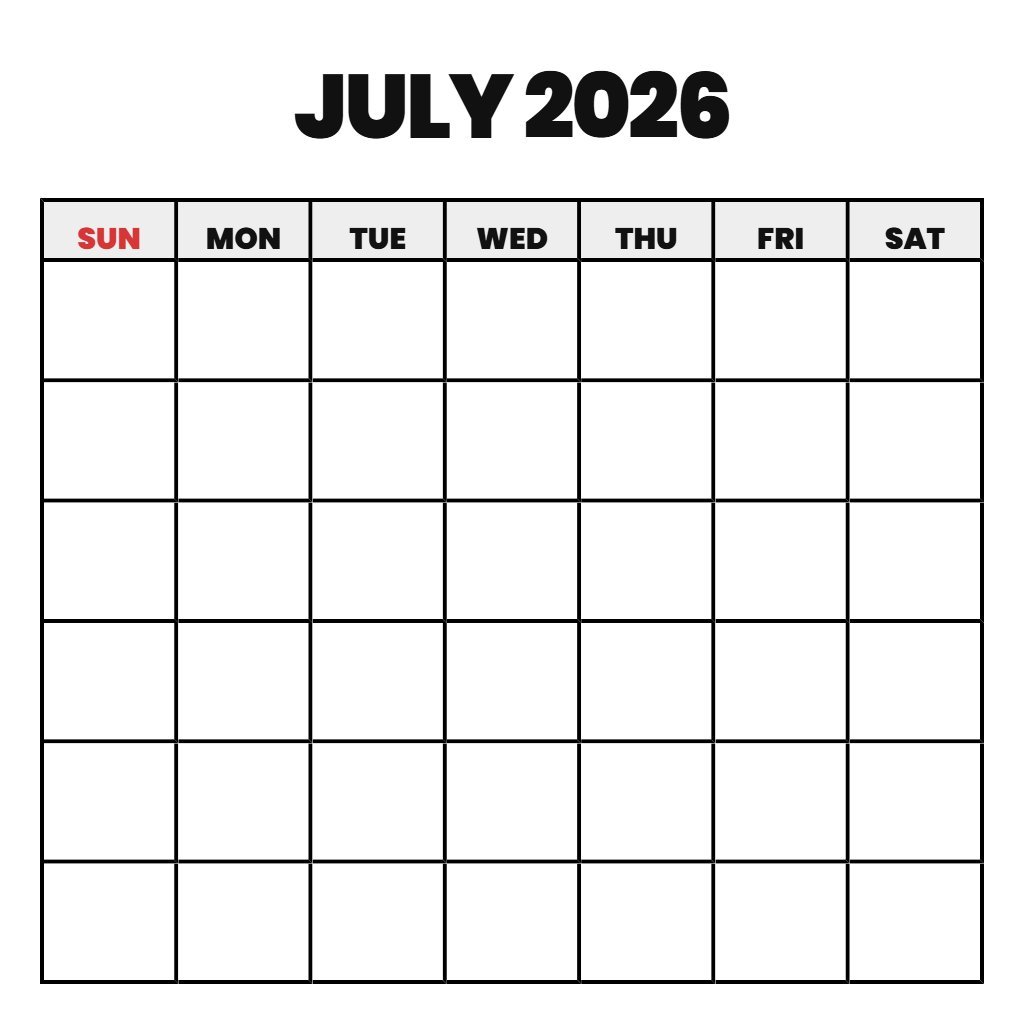Calendar July 2026 Free Printable Blank PDF Download