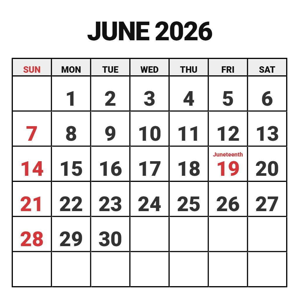 Calendar June 2026 Printable Free PDF Download