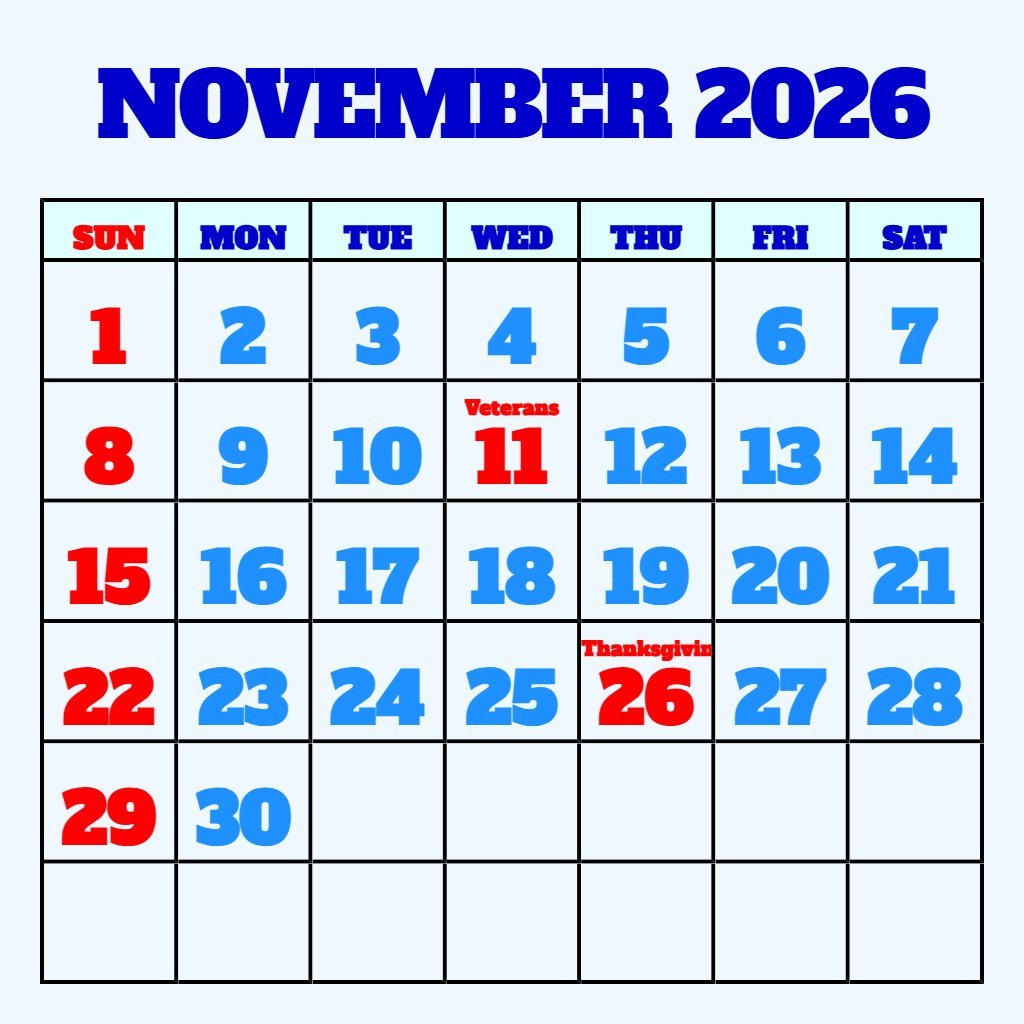 Cute Calendar November 2026 Printable Free Planning PDF Download