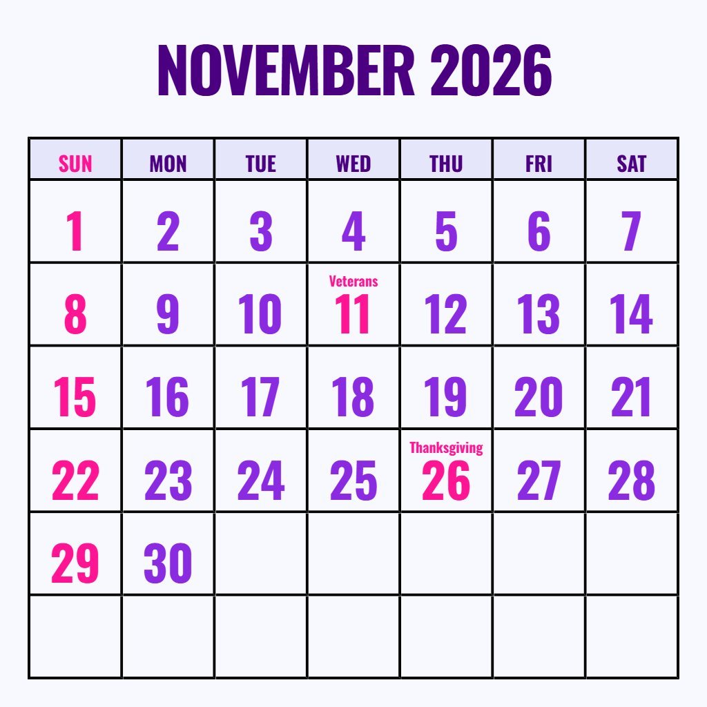 Editable Calendar November 2026 Printable Free Notes PDF Download
