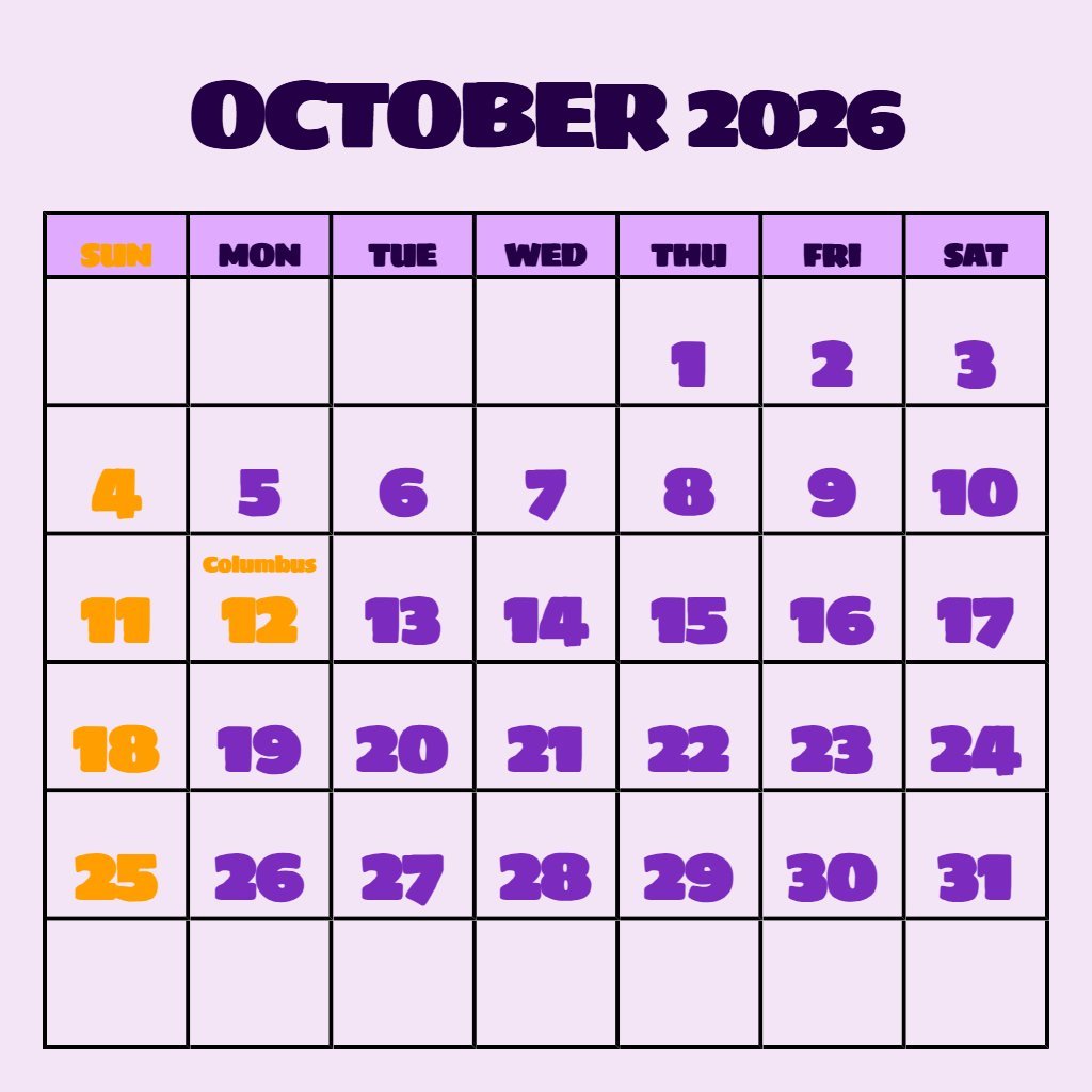 Cute Calendar October 2026 Printable Free Notes PDF Download