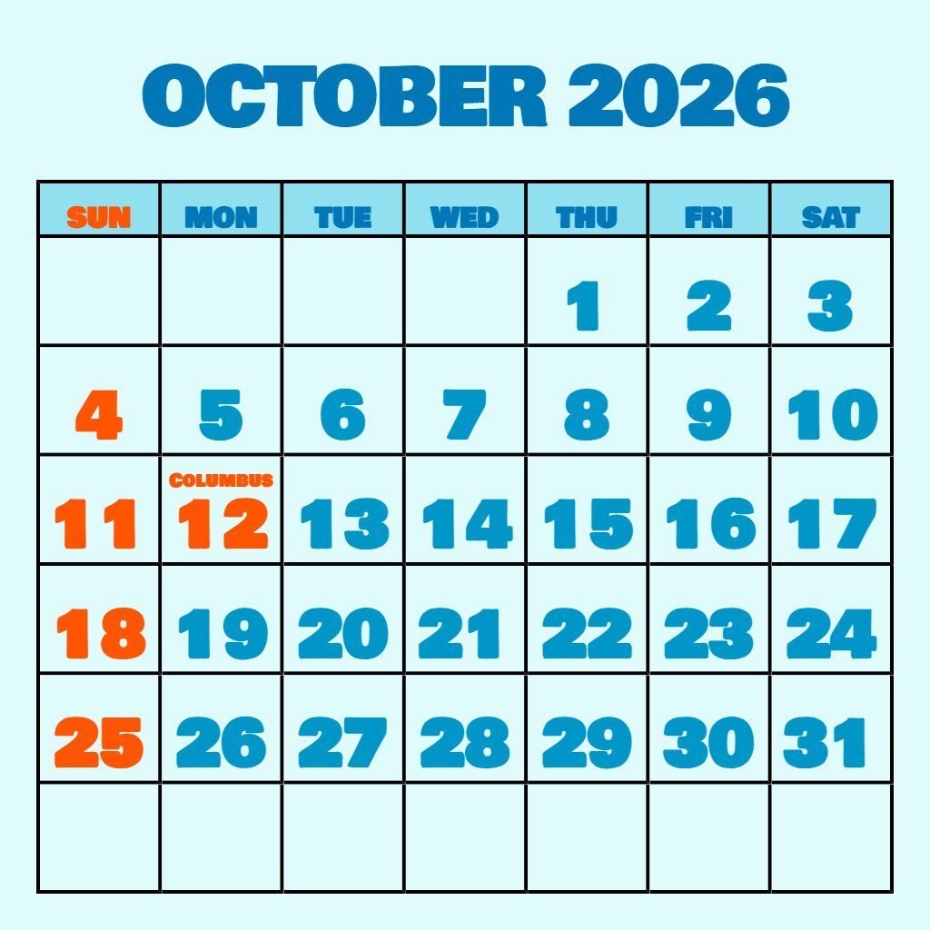 Custom Calendar October 2026 Printable Free Wallpaper PDF Download