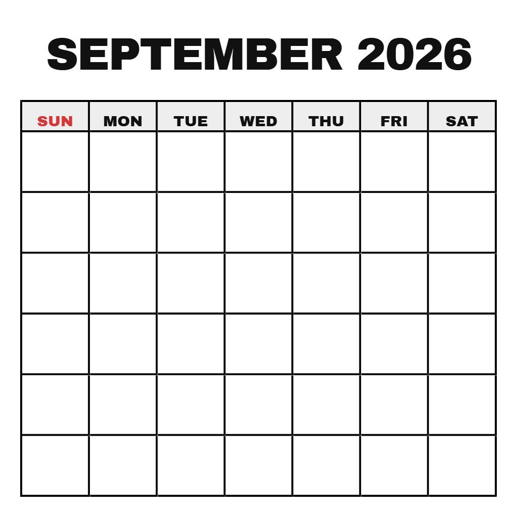 Calendar September 2026 Printable Free Blank PDF Download