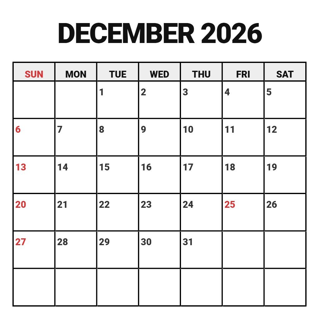 Cute Christmas December 2026 Calendar Printable Planning PDF Download