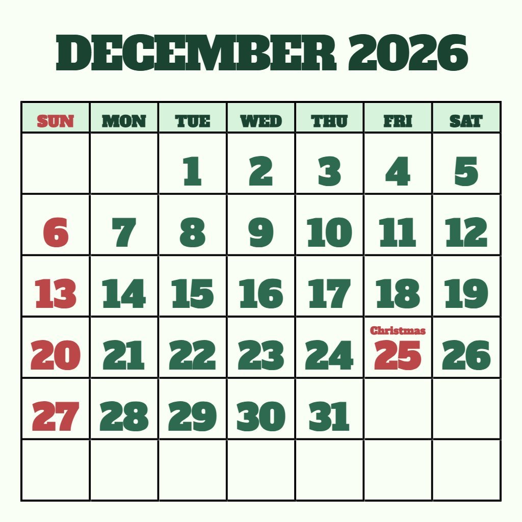 Custom Christmas December 2026 Calendar Printable Wallpaper PDF Download