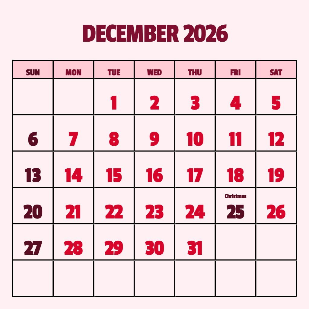 Custom Christmas December 2026 Calendar Printable Notes PDF Download