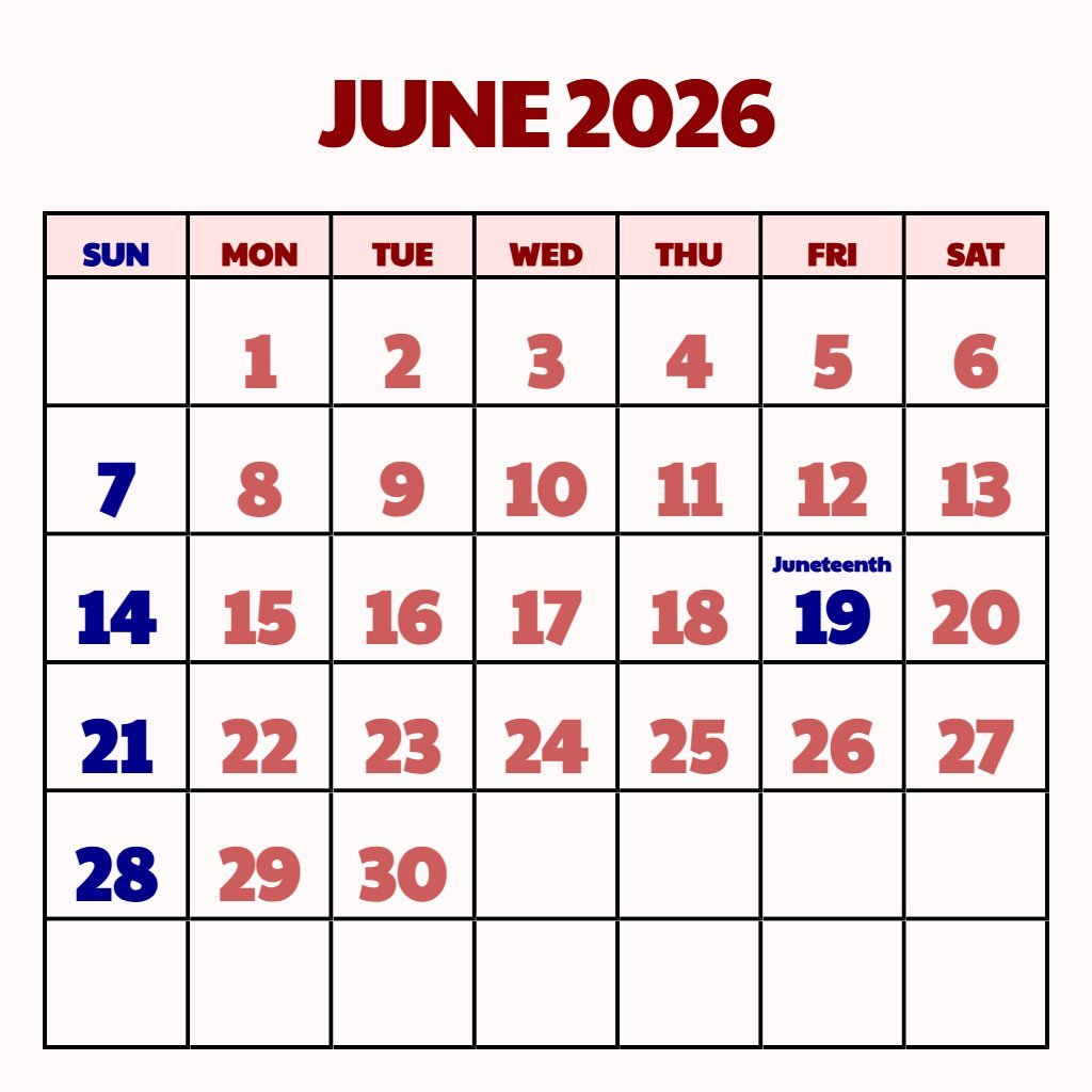 Custom Color 2026 June Calendar Planner Printable Schedule PDF Download