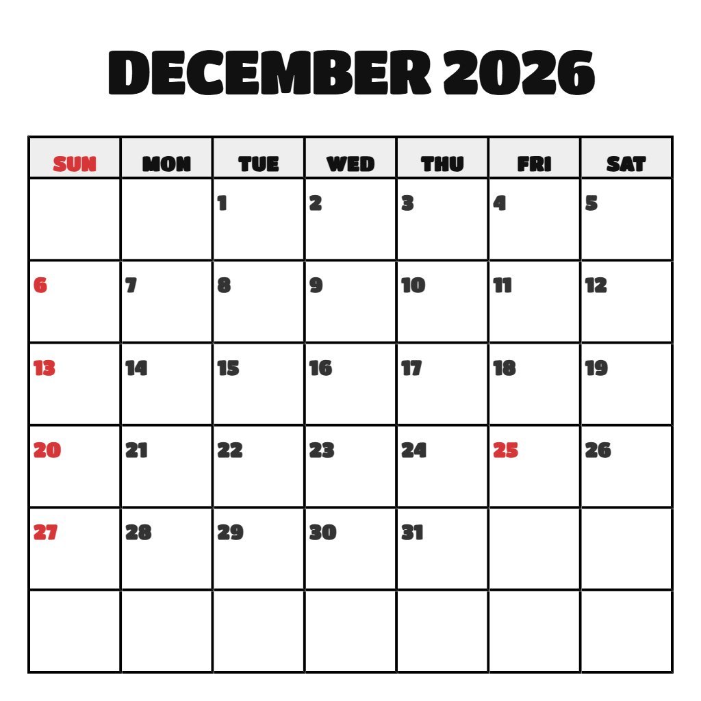 Editable Cute December 2026 Calendar Printable Schedule PDF Download