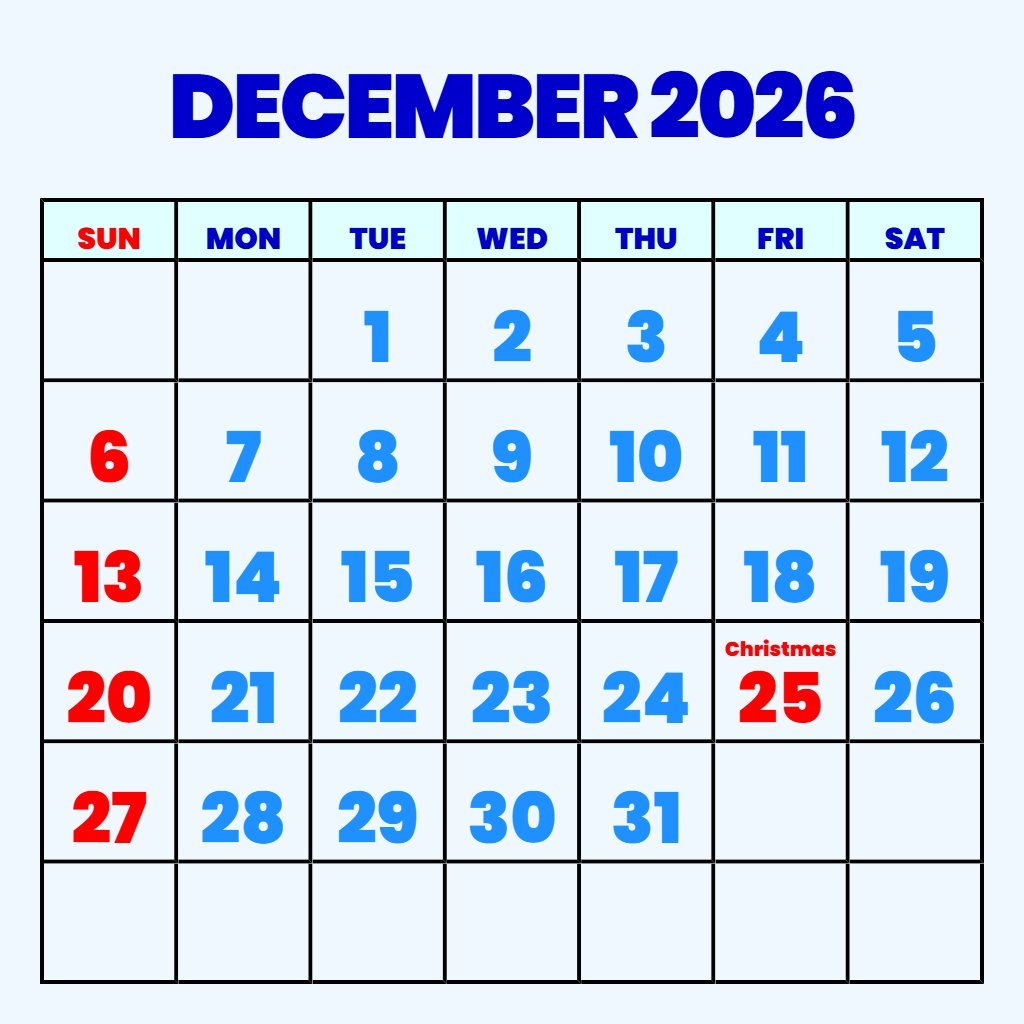 Free Cute December 2026 Calendar Printable Planning PDF Download