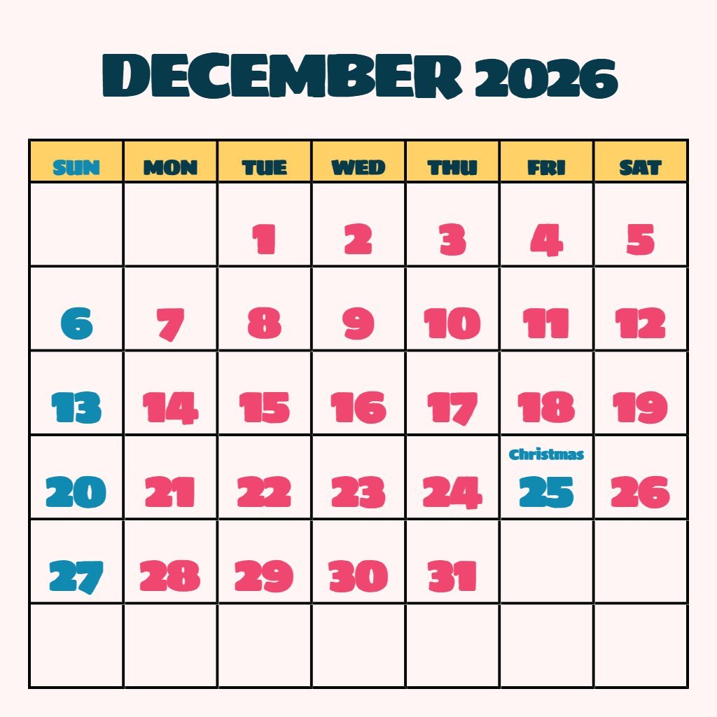 Custom Cute December 2026 Calendar Printable Schedule PDF Download