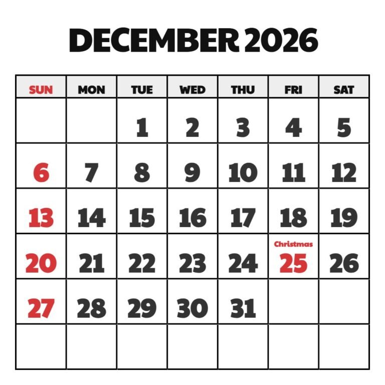 Cute December 2026 Calendar Printable PDF Download