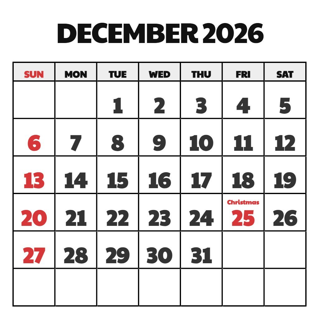 Cute December 2026 Calendar Printable PDF Download