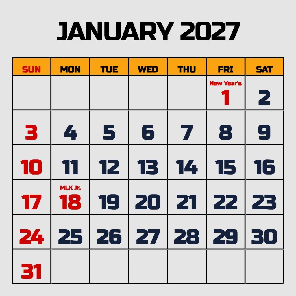 Free Cute January 2027 Calendar Printable Wallpaper PDF Download