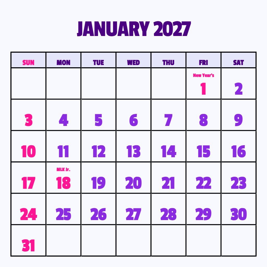 Cute Cute January 2027 Calendar Printable Wallpaper PDF Download