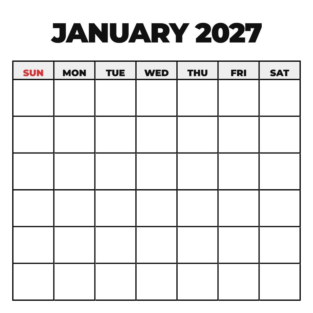 Cute January 2027 Calendar Printable Blank PDF Download