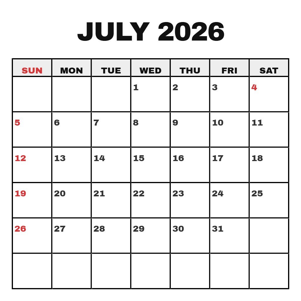 Free Cute July 2026 Calendar Printable Notes PDF Download