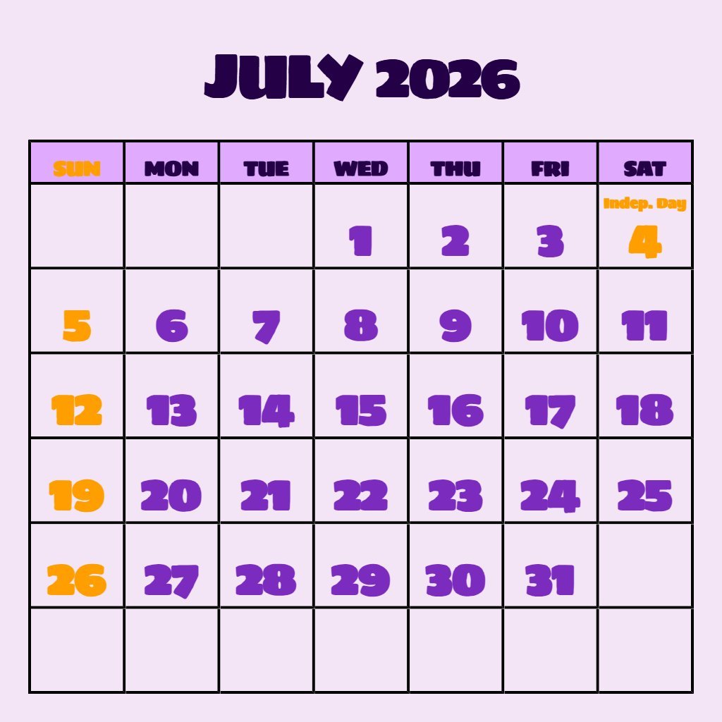 Free Cute July 2026 Calendar Printable Notes PDF Download