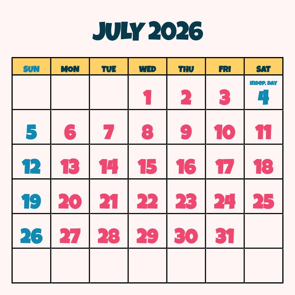 Free Cute July 2026 Calendar Printable Notes PDF Download