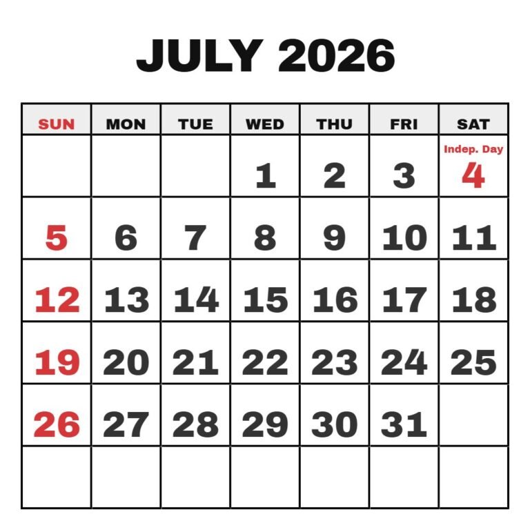 Cute July 2026 Calendar Printable PDF Download