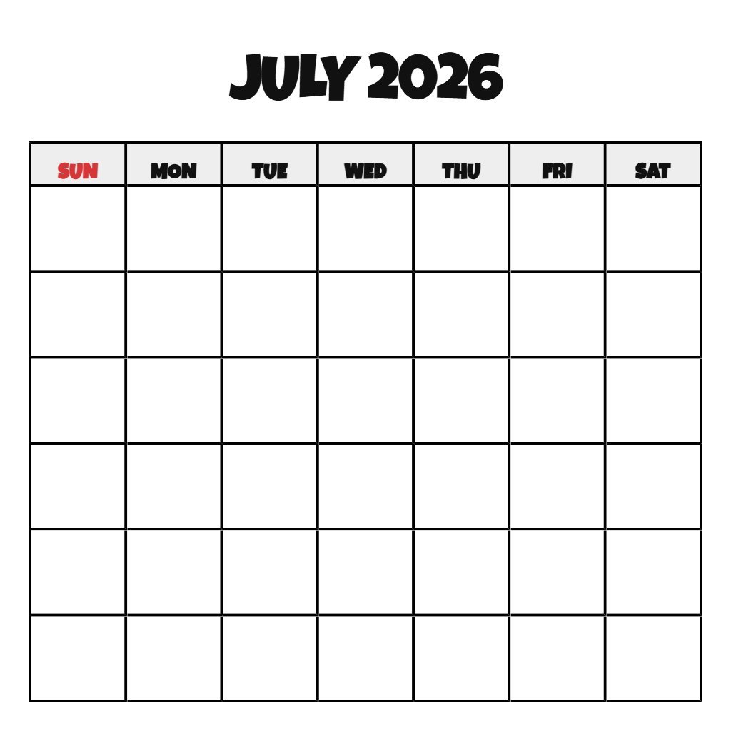 Cute July 2026 Calendar Printable Blank PDF Download
