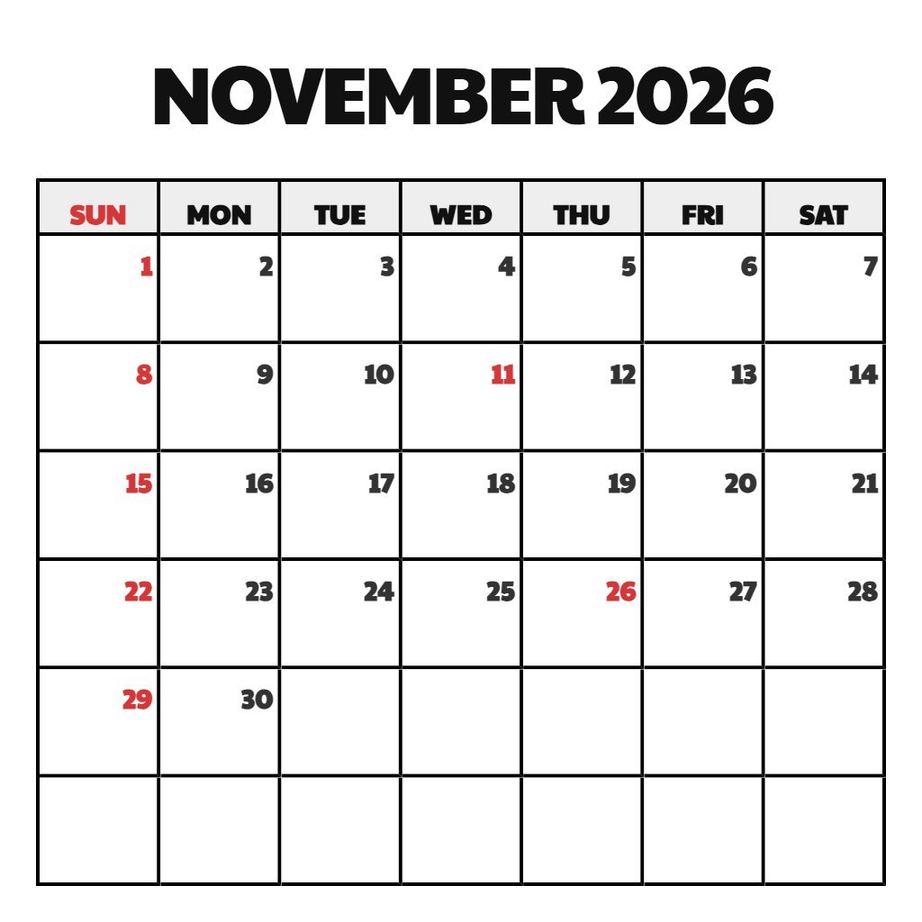 Free Cute November 2026 Calendar Printable Wallpaper PDF Download