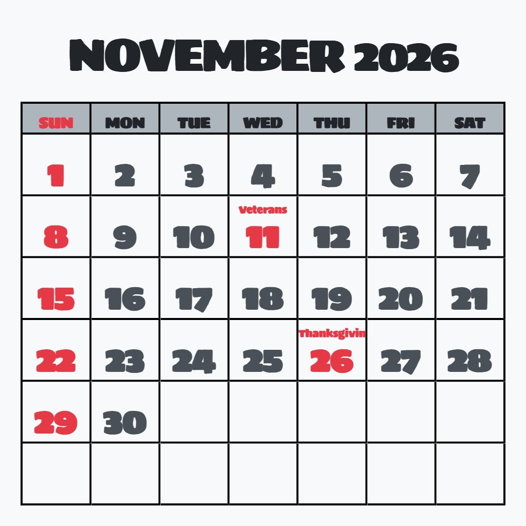 Editable Cute November 2026 Calendar Printable Planning PDF Download
