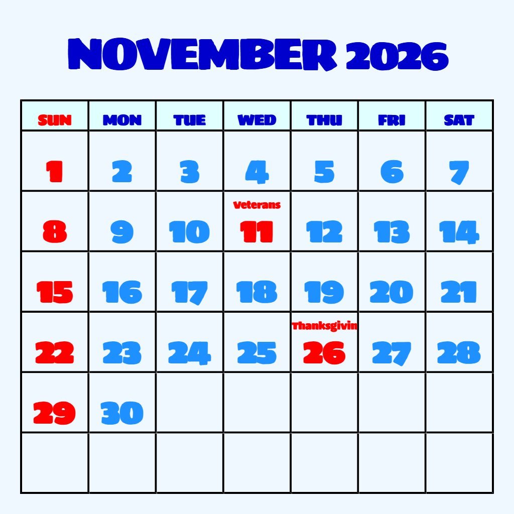 Free Cute November 2026 Calendar Printable Wallpaper PDF Download