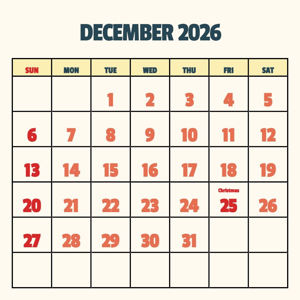 Editable December 2026 Calendar Free Printable Schedule PDF Download