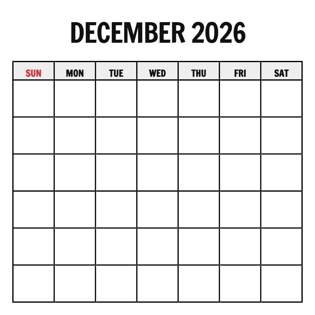 December 2026 Calendar Pdf Printable Free Blank PDF Download