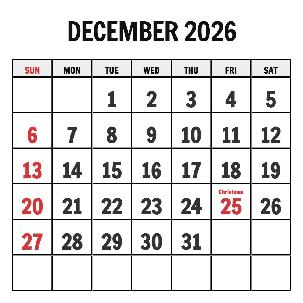 December 2026 Calendar Pdf Printable Free PDF Download