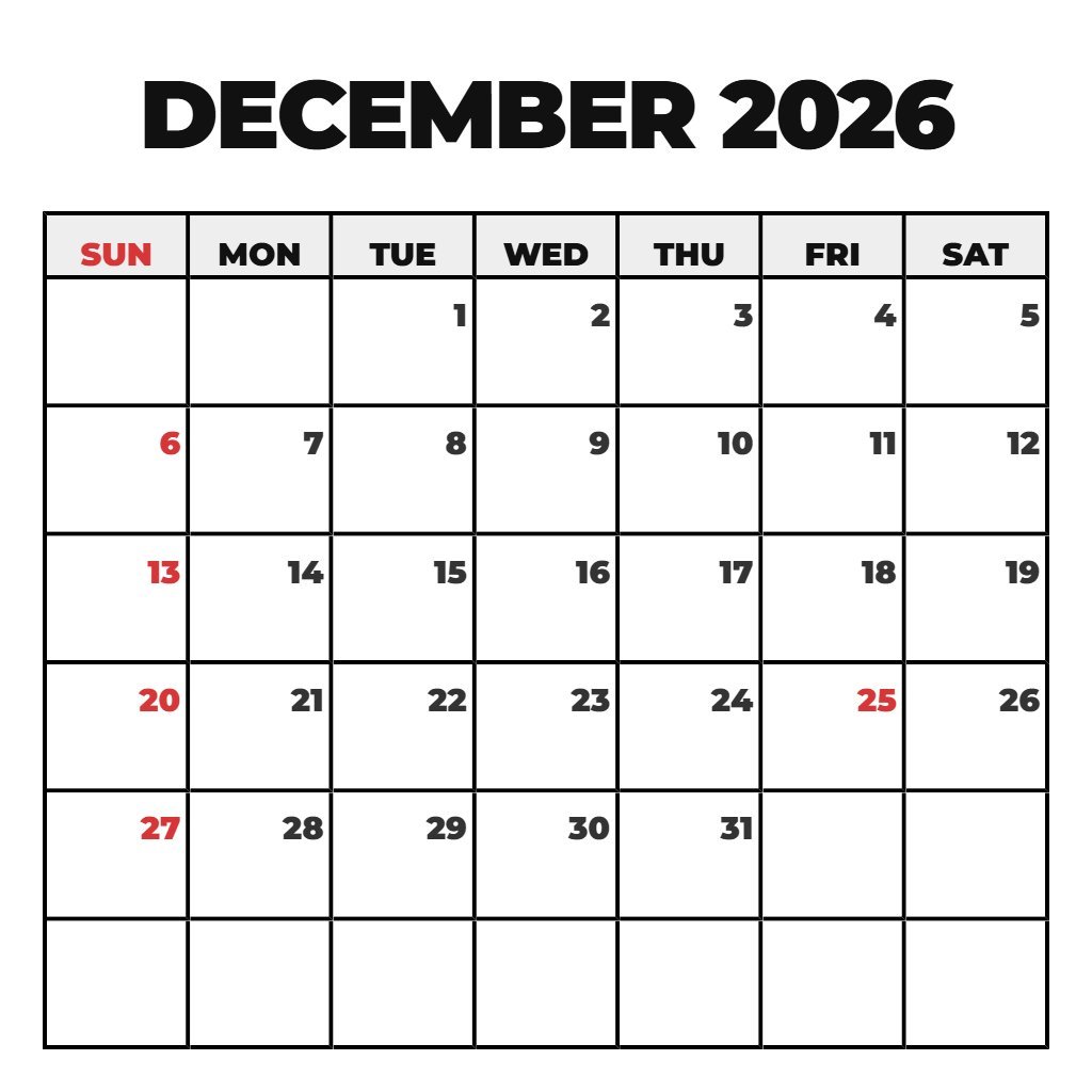 Editable December 2026 Calendar Printable Free Schedule PDF Download