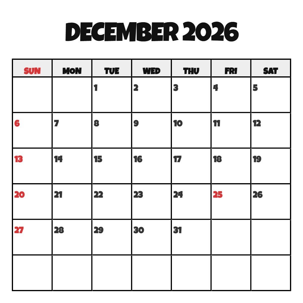 Custom December 2026 Calendar Printable Free Schedule PDF Download