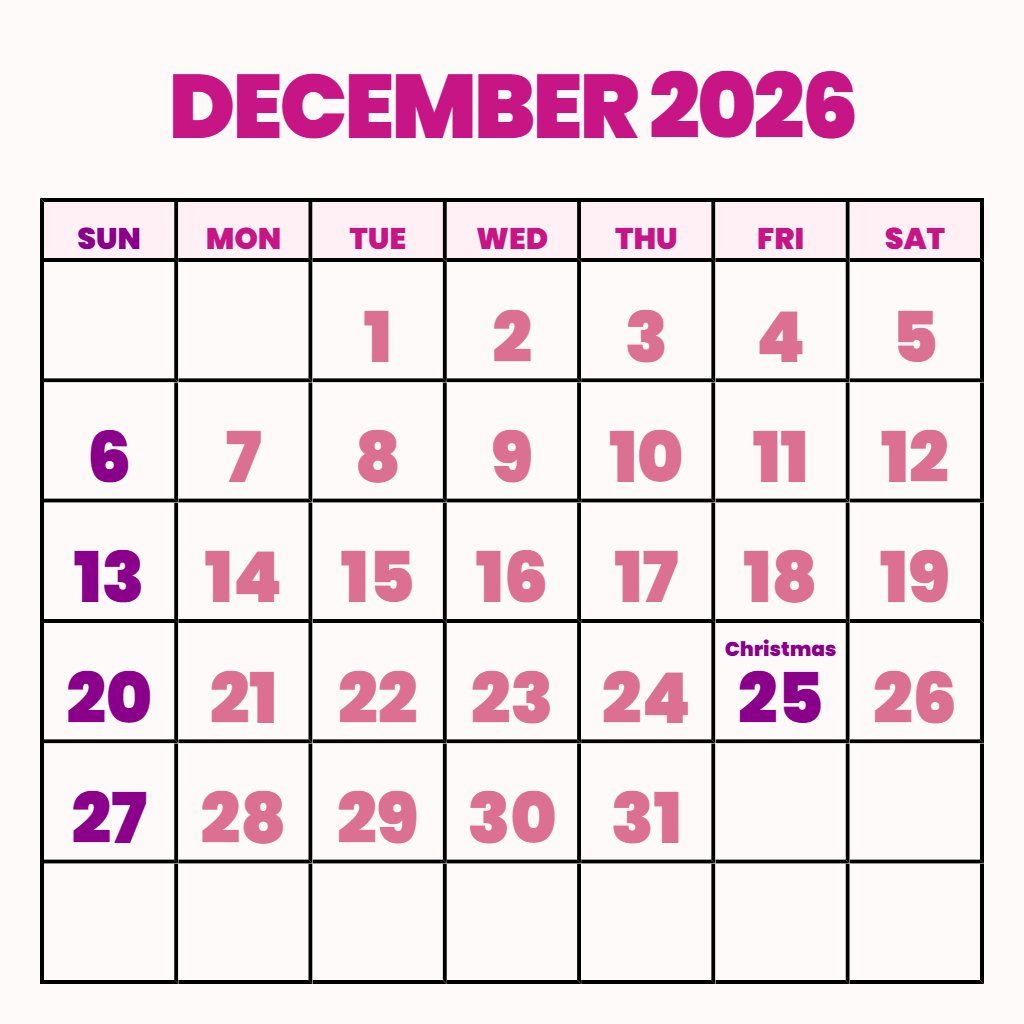 Free December 2026 Calendar Printable Free Wallpaper PDF Download