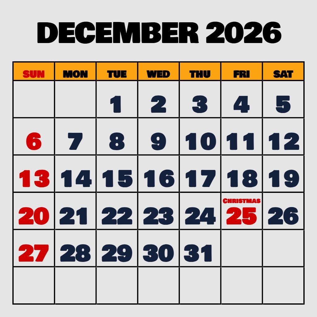 Cute December 2026 Calendar Printable Free Wallpaper PDF Download