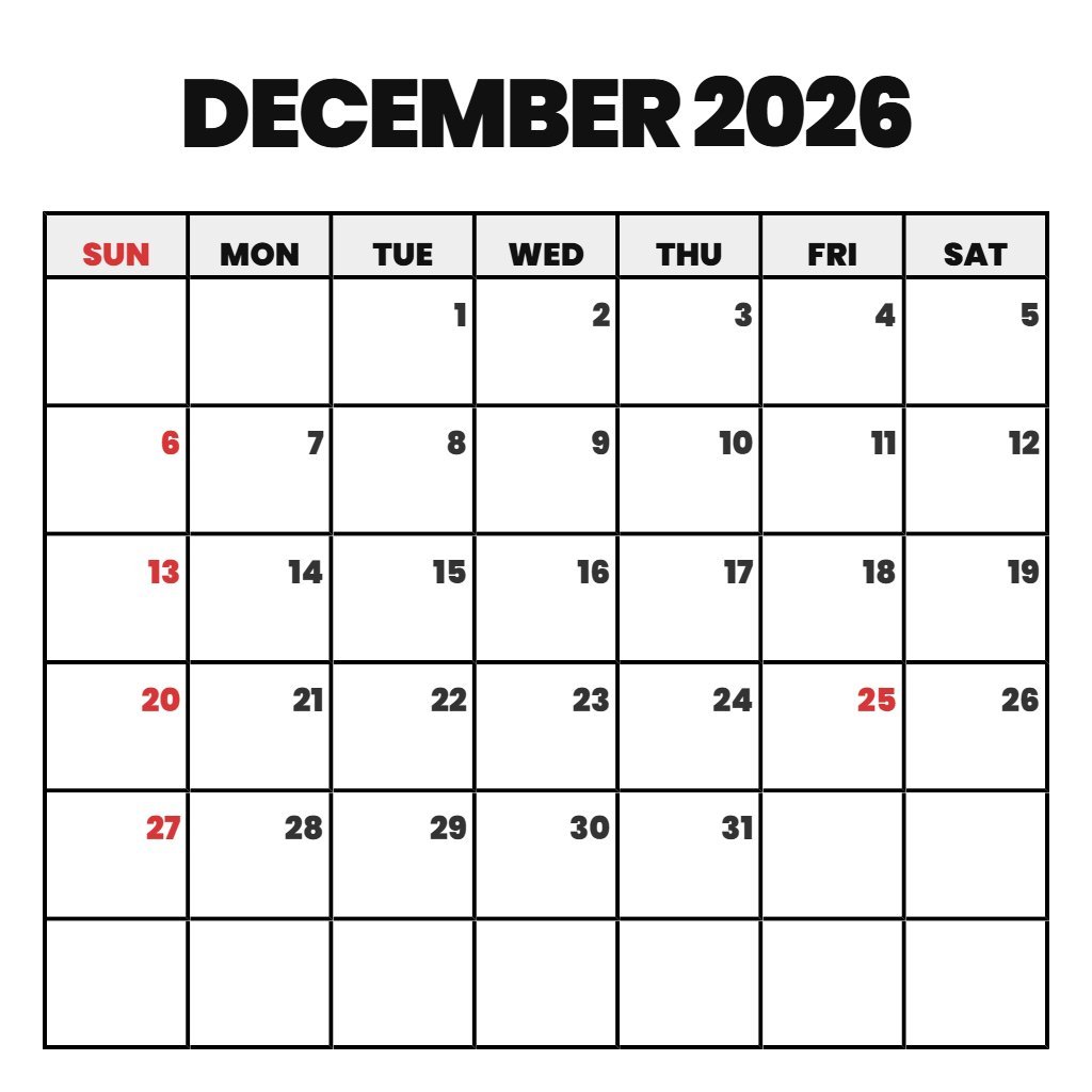 Editable December 2026 Calendar Printable Pdf Schedule PDF Download