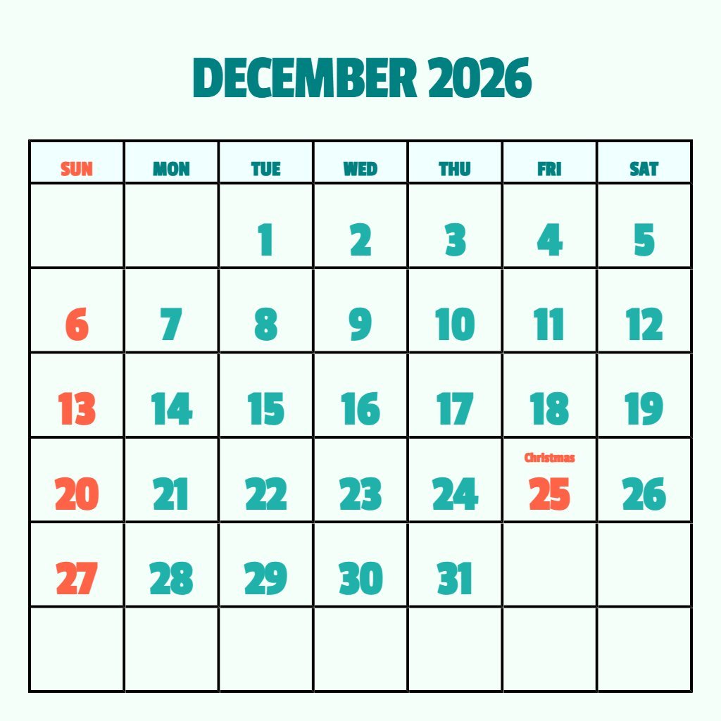 Custom December 2026 Calendar Printable Pdf Free Wallpaper PDF Download