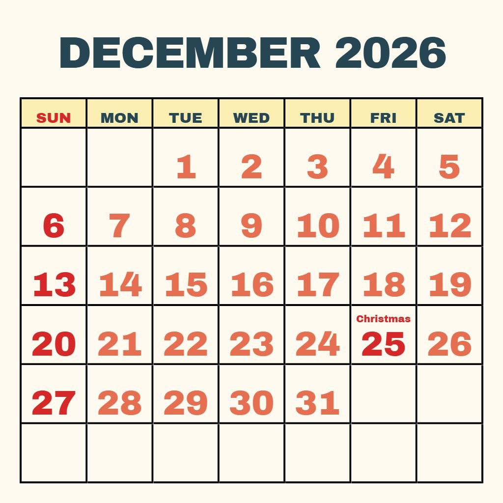 Free December 2026 Calendar With Holidays Printable Free Planning PDF Download