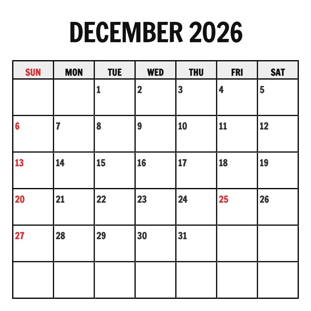 Cute December 2026 Free Printable Calendar Schedule PDF Download