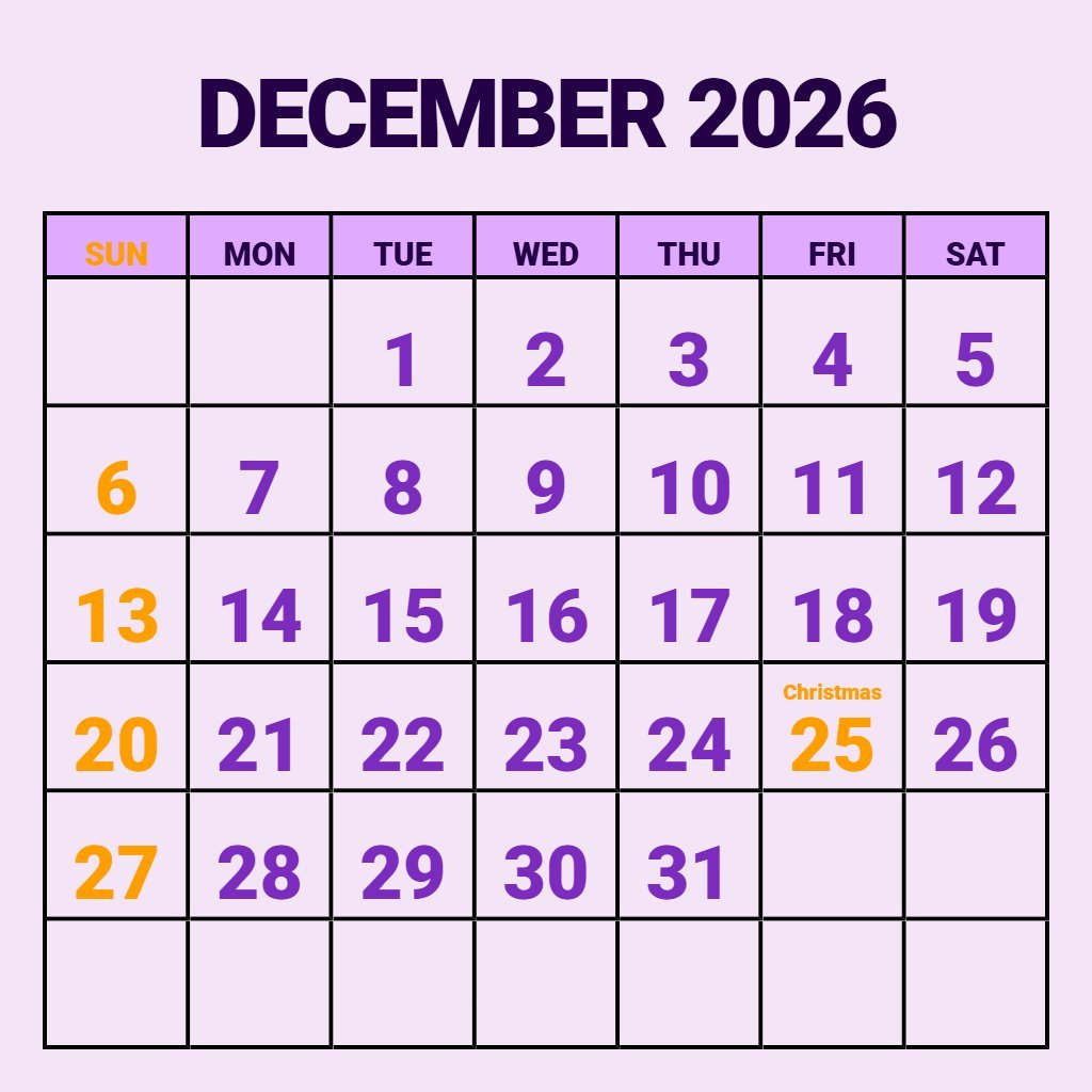 Free December 2026 Free Printable Calendar Schedule PDF Download
