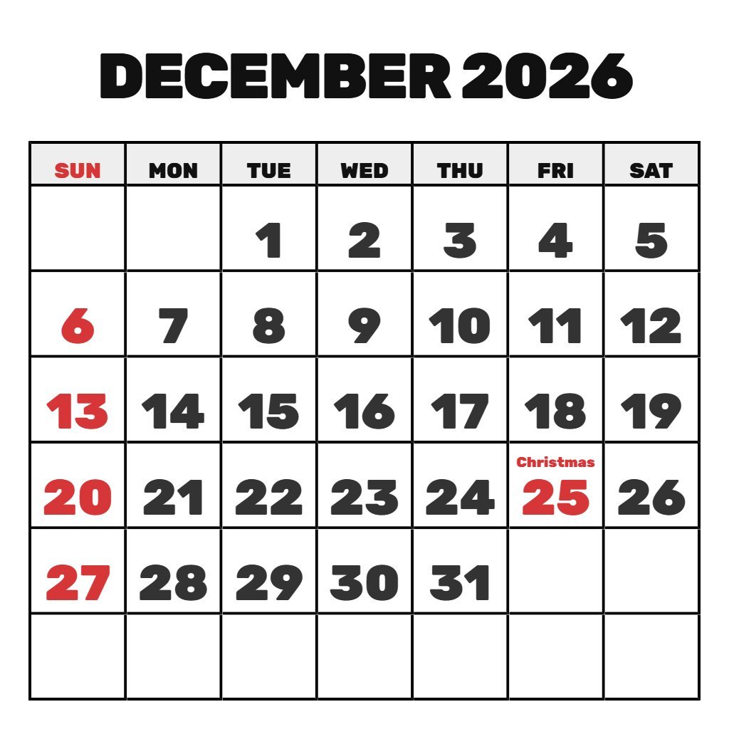 December 2026 January 2026 Calendar Printable December 2026 January 2026 Calendar Printable PDF Download